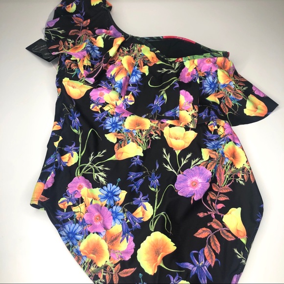 Flower Women’s One Piece Shoulder Swimsuit NWT Black Pink Small - Picture 9 of 16